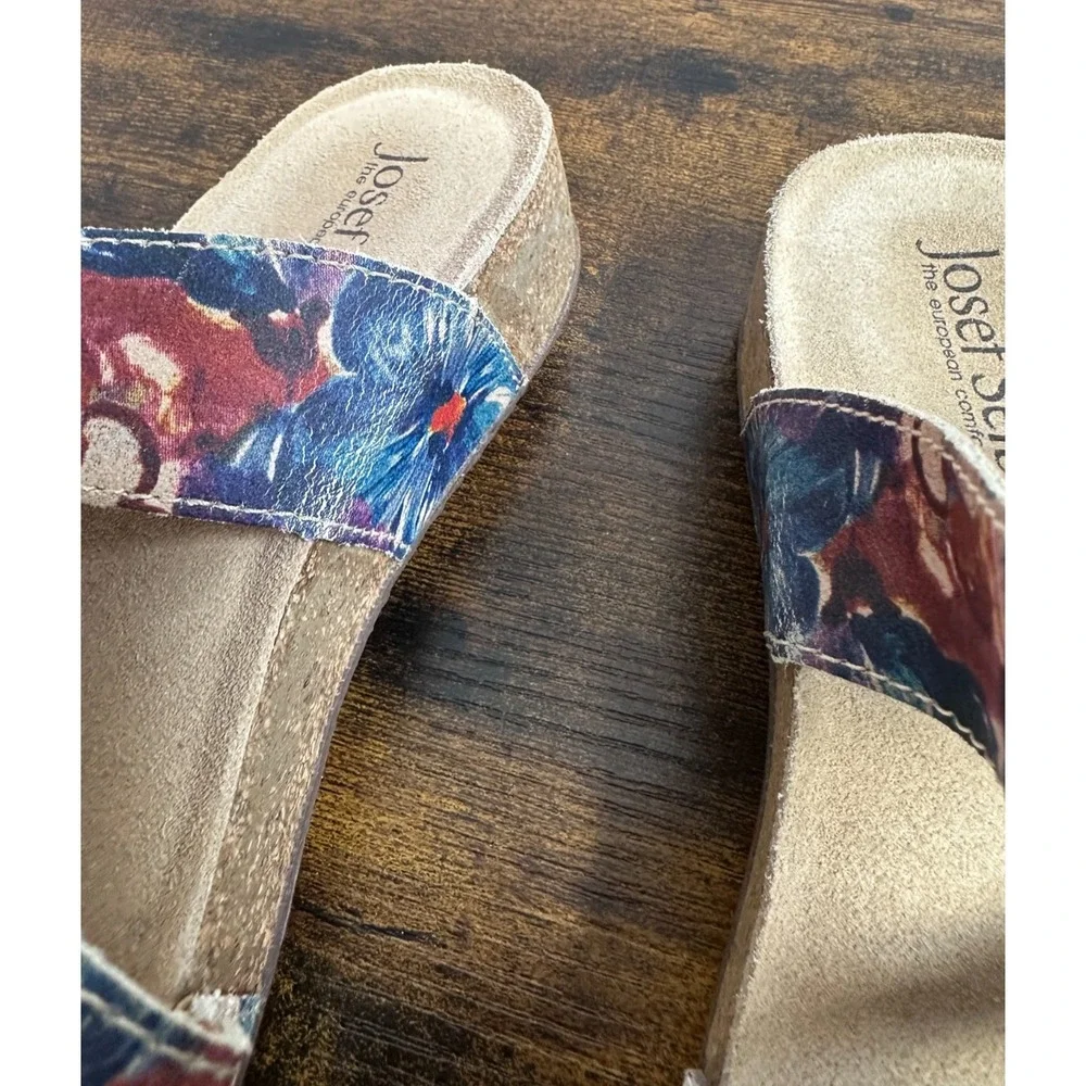 Josef Seibel Tonga 54 Floral Slide Sandals Blue Red Tan Cork Boho Size 38 7 -7.5 - Picture 4 of 12